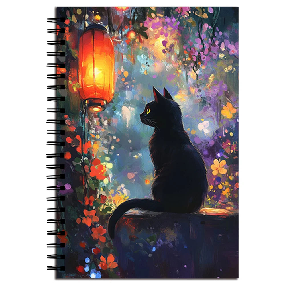 Black Cat Red Lantern Spiral-Notizbuch – Verspieltes, floral gestaltetes Notizbuch für Katzenliebhaber, Studenten und Büroangestellte