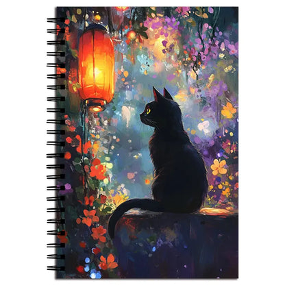 Magisches Katzen-Notizbuch mit traumhaftem Design und einer geheimnisvollen Katze unter einer Laterne.