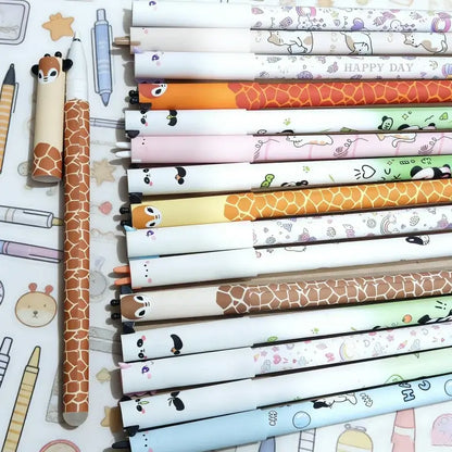 Set of 30 colorful gel pens with animal and giraffe motifs, featuring cute cartoon animal caps, perfect for school and office use