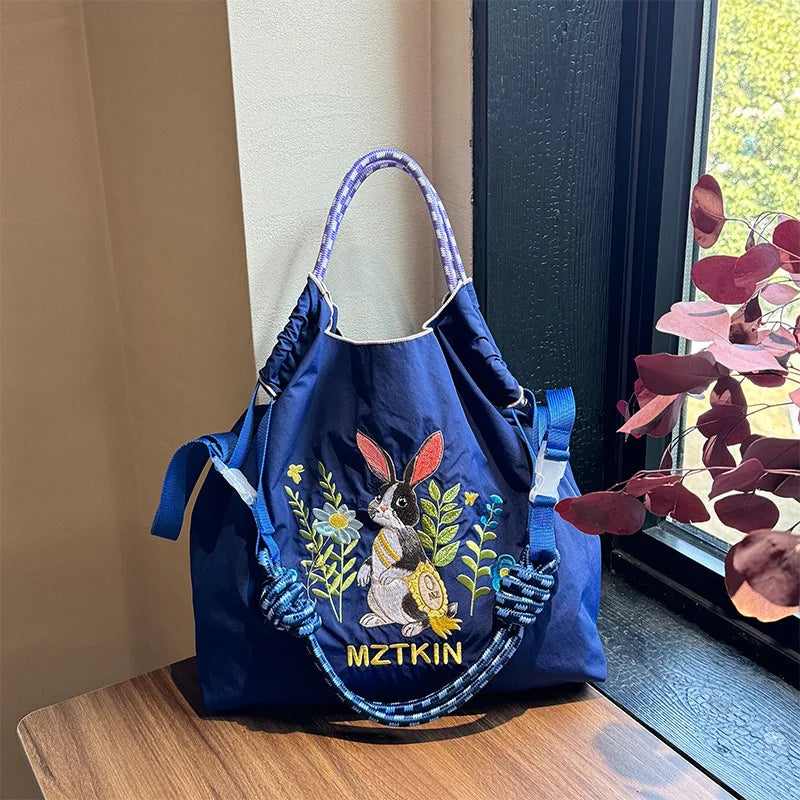 Embroidery Tote Bag for Women Casual Nylon Crossbody Bag Large Capacity Waterproof Shoulder Bag Fashion Commute Shopper Handbag Petoria Store