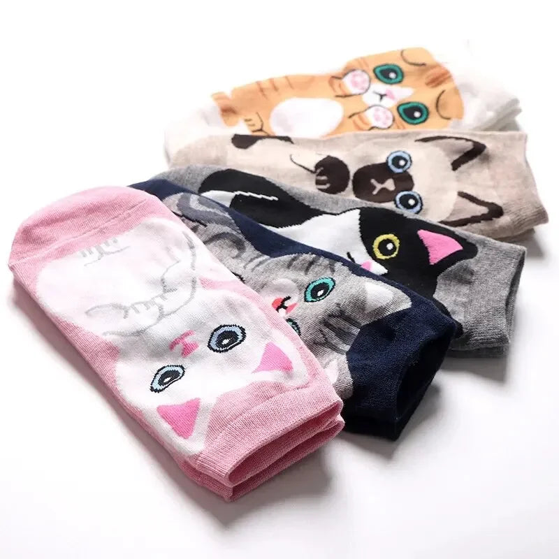 5/10 Paar/Set Damen-Söckchen mit Cartoon-Motiv, niedliche Katze, atmungsaktiv, perfekt für den Alltag