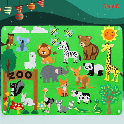 Farm-themed felt board with animals, barn, and tractor, perfect for teaching children about farm life and animals.