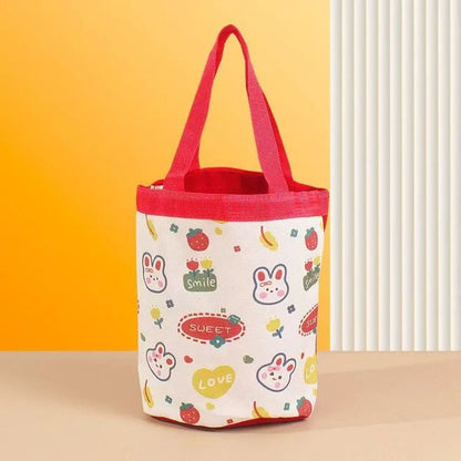 Bucket Bag Portable Cute Animal Pattern Graffiti Handbag Cartoon Print Cylindrical Bag Canvas Bento Bag Handheld Lunch Box Bag Petoria Store