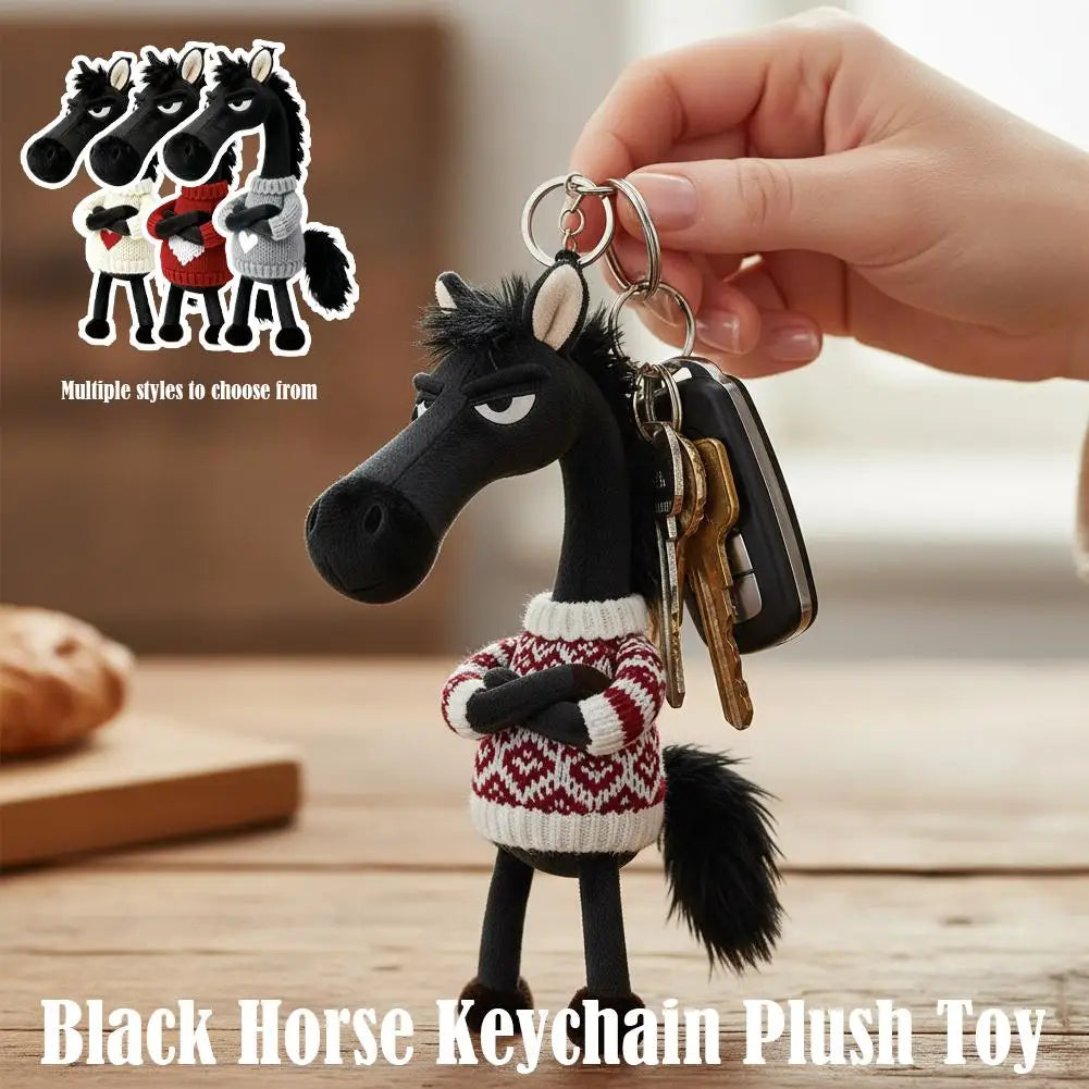 Cooles schwarzes Pferde-Plüschtier mit Pullover 2026 Pferde-Maskottchen Schlüsselanhänger Aloof Dark Horse Taschenanhänger Rucksackanhänger Geschenk