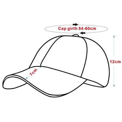 Line drawing of a baseball cap with measurements: 54-60cm girth, 12cm height, 7cm brim, suitable for unisex sports and outdoor activities
