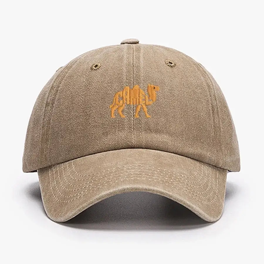 Beige cotton baseball cap with embroidered camel logo, curved brim, adjustable strap, unisex design for casual use