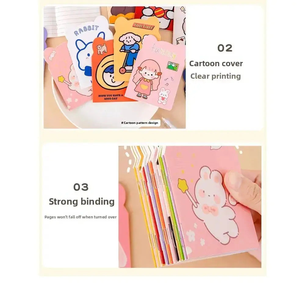 Kawaii Mini-Notizbücher Set mit bunten Cartoon-Covern und stabiler Bindung für kreatives Lernen und Notizen.