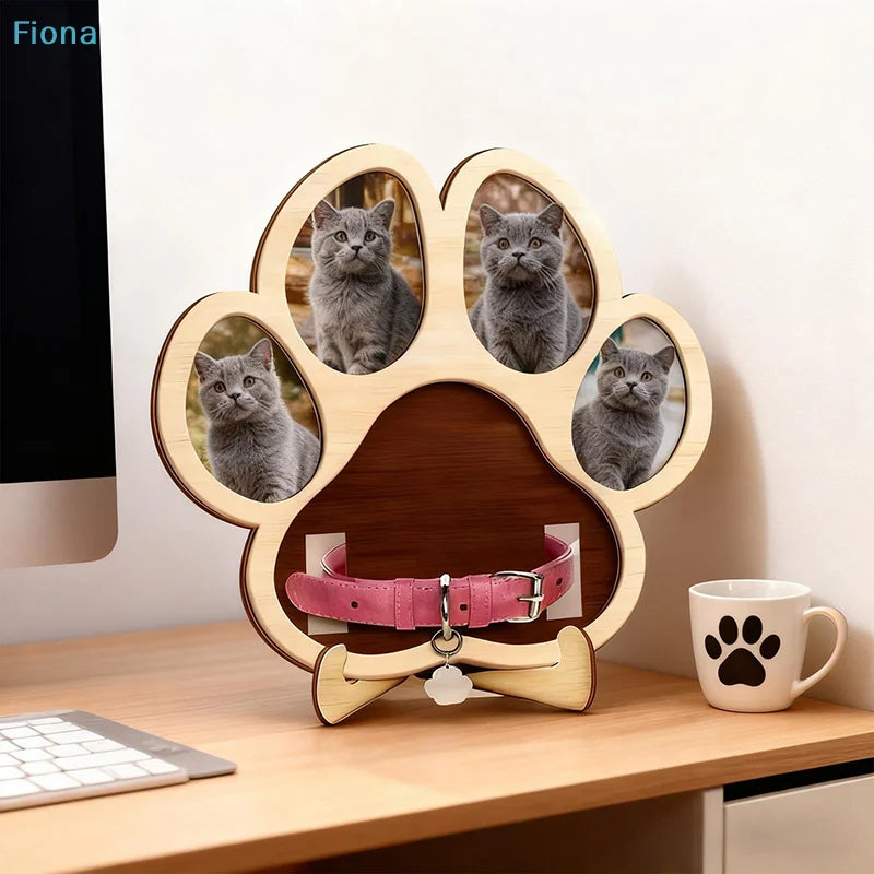 ♤Paw-Shaped Pet Photo Frame - Wooden Multi-Photo Display with Collar Holder for Cat/Dog Lovers Petoria Store