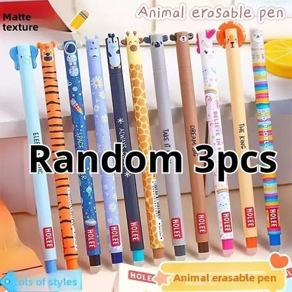 Collection of five animal-themed erasable gel pens with matte finish, in playful patterns and bright colors, suitable for school and office use