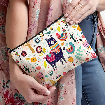 1pc Whimsical Animal Print Makeup Bag - Large Capacity Travel Cosmetic Organizer with Zipper Closure, Cute Llama &amp; Designs Petoria Store