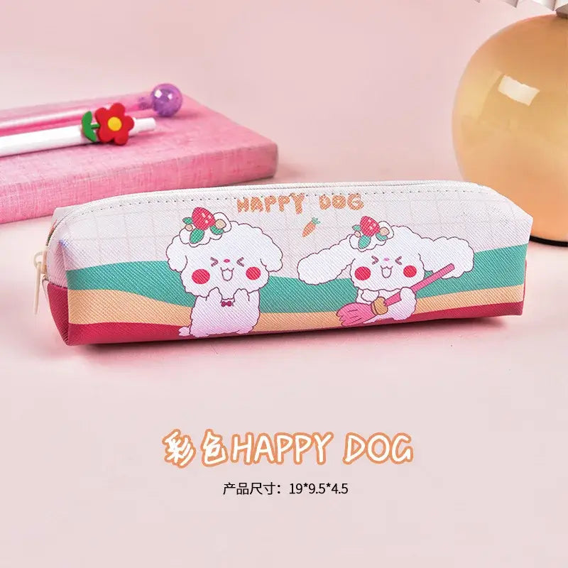 Cute white poodle pencil case with colorful rainbow accents, featuring cheerful dog illustrations and the text &