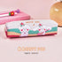 Cute white poodle pencil case with colorful rainbow accents, featuring cheerful dog illustrations and the text &