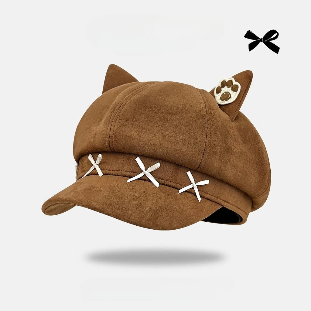 Retro Braune Baskenmütze-Kollektion, niedliches Ohr, flache Oberseite, achteckige Baskenmütze für Damen, Herbst und Winter, niedliche Ohrkappe, trendige verstellbare Motorhaube