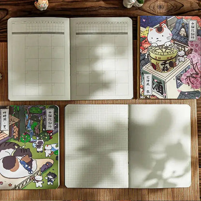Katzenmotiv Reise-Notizbuch auf einem Tisch, offen mit verschiedenen Seiten-Layouts und einem charmanten Design.