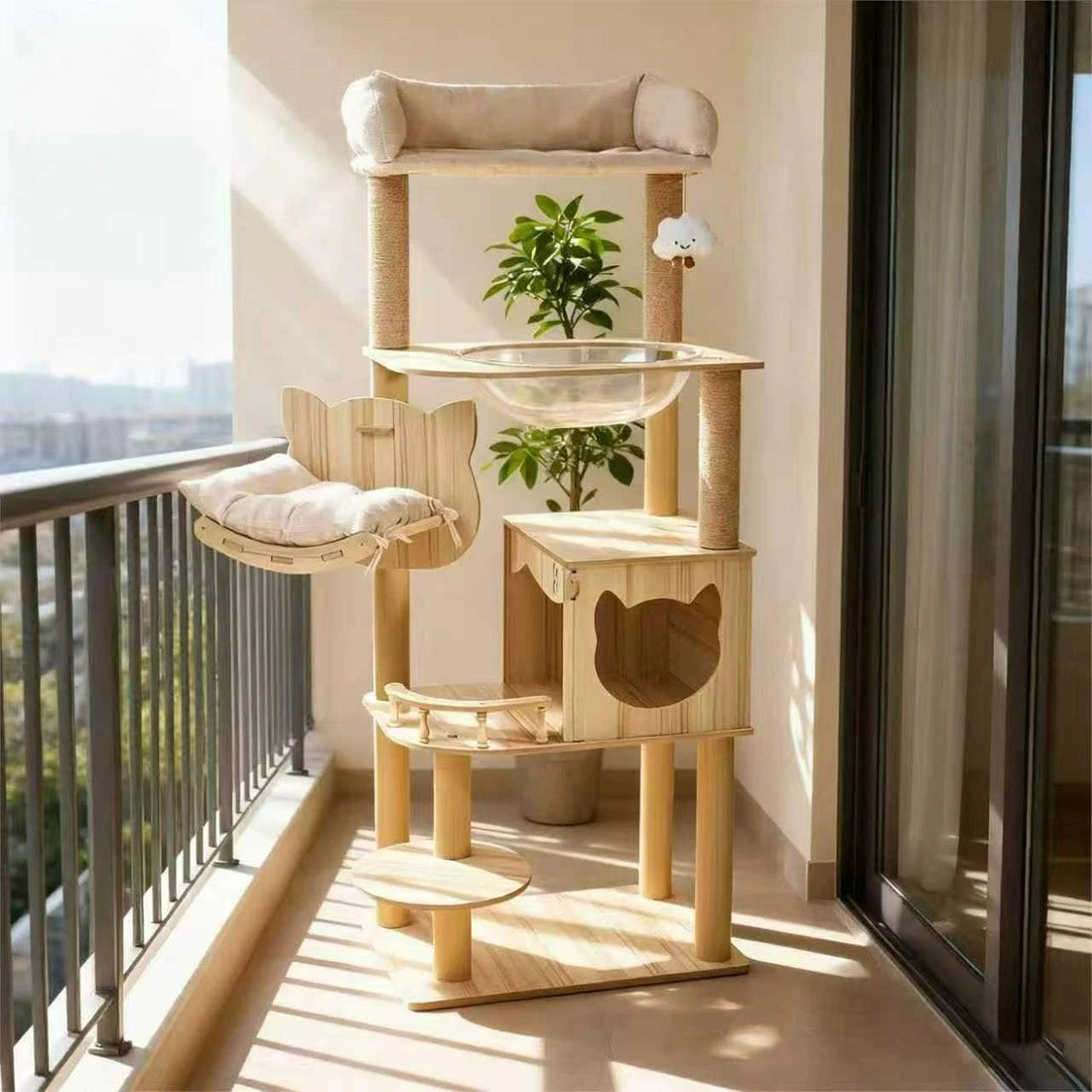 Tall Wooden Cat Tree Tower with Cat Condo &amp; Plush Top Perch for Indoor Cats Petoria Store