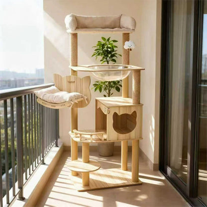 Tall Wooden Cat Tree Tower with Cat Condo &amp; Plush Top Perch for Indoor Cats Petoria Store
