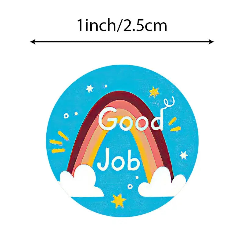 Close-up of round reward sticker featuring a rainbow and clouds, 2.5cm, with cheerful &