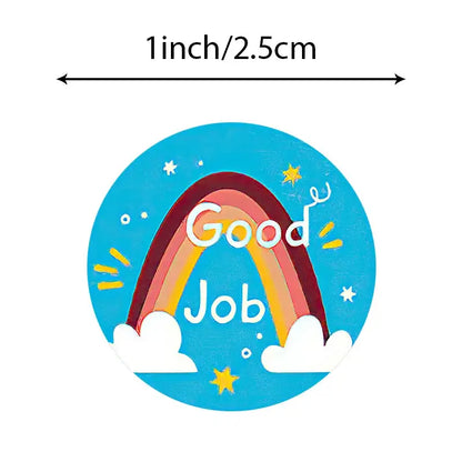 Close-up of round reward sticker featuring a rainbow and clouds, 2.5cm, with cheerful &