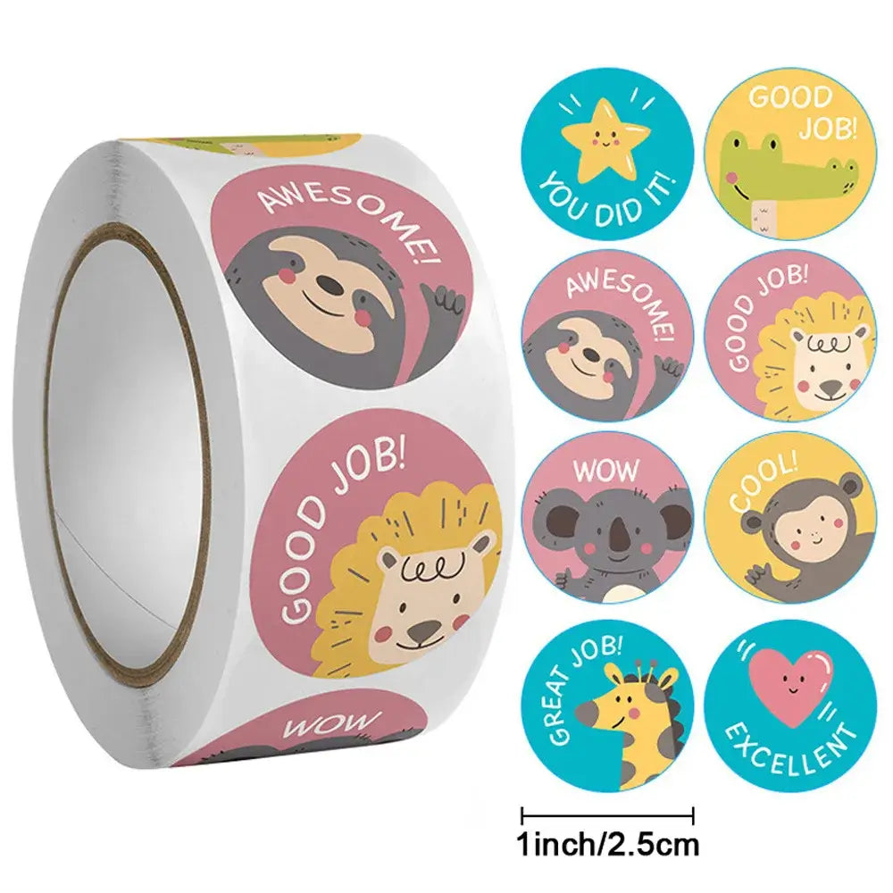 Assorted colorful reward stickers with animal and trophy illustrations, 1 inch size, ideal for motivating children.