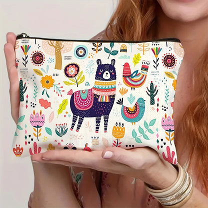 1pc Whimsical Animal Print Makeup Bag - Large Capacity Travel Cosmetic Organizer with Zipper Closure, Cute Llama &amp; Designs Petoria Store