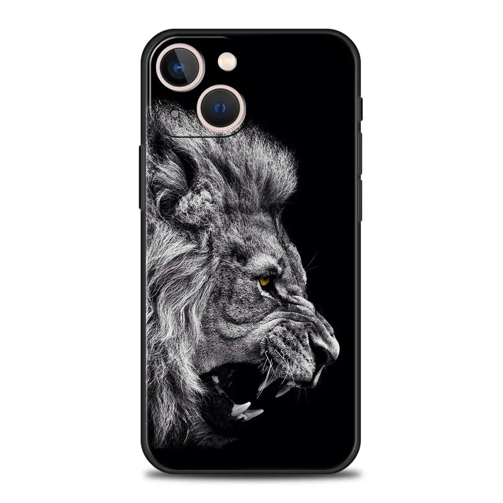 Löwe Wilde Tiere Luxus Handyhülle für iPhone 13 15 14 12 Mini 11 Pro MAX XR X SE XS 7 8 Plus Silikon Schwarz Schutzhülle