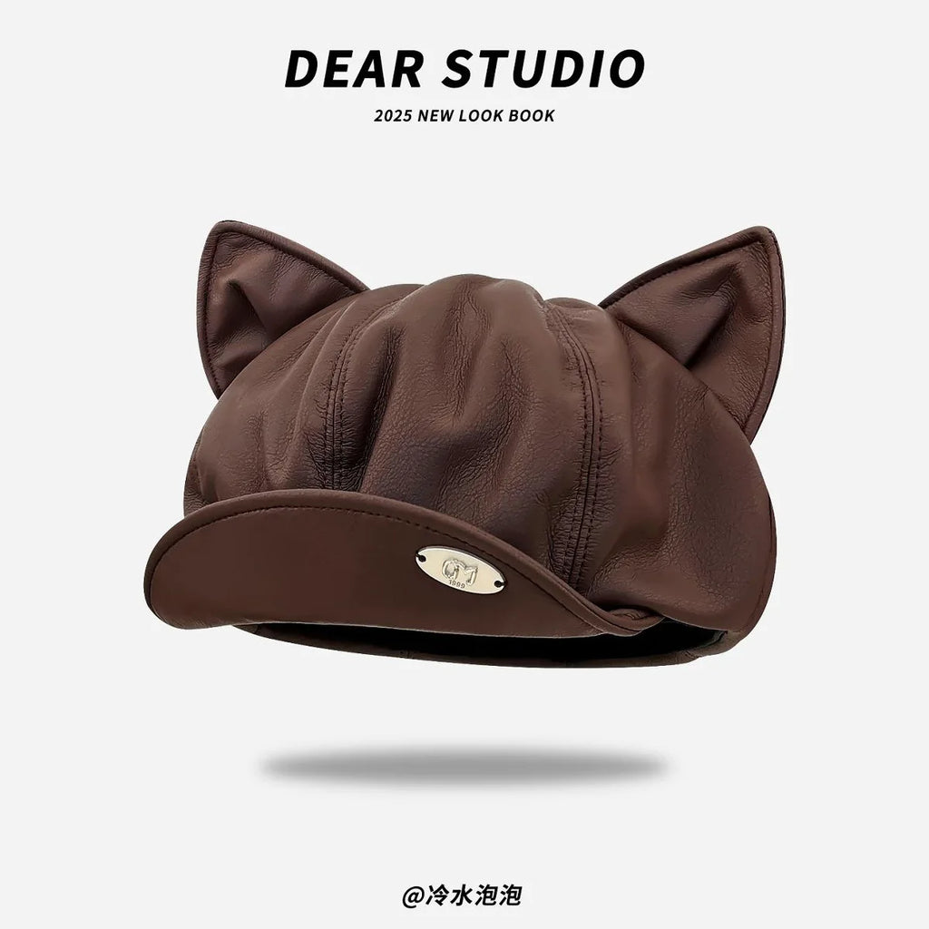 Retro Braune Baskenmütze-Kollektion, niedliches Ohr, flache Oberseite, achteckige Baskenmütze für Damen, Herbst und Winter, niedliche Ohrkappe, trendige verstellbare Motorhaube
