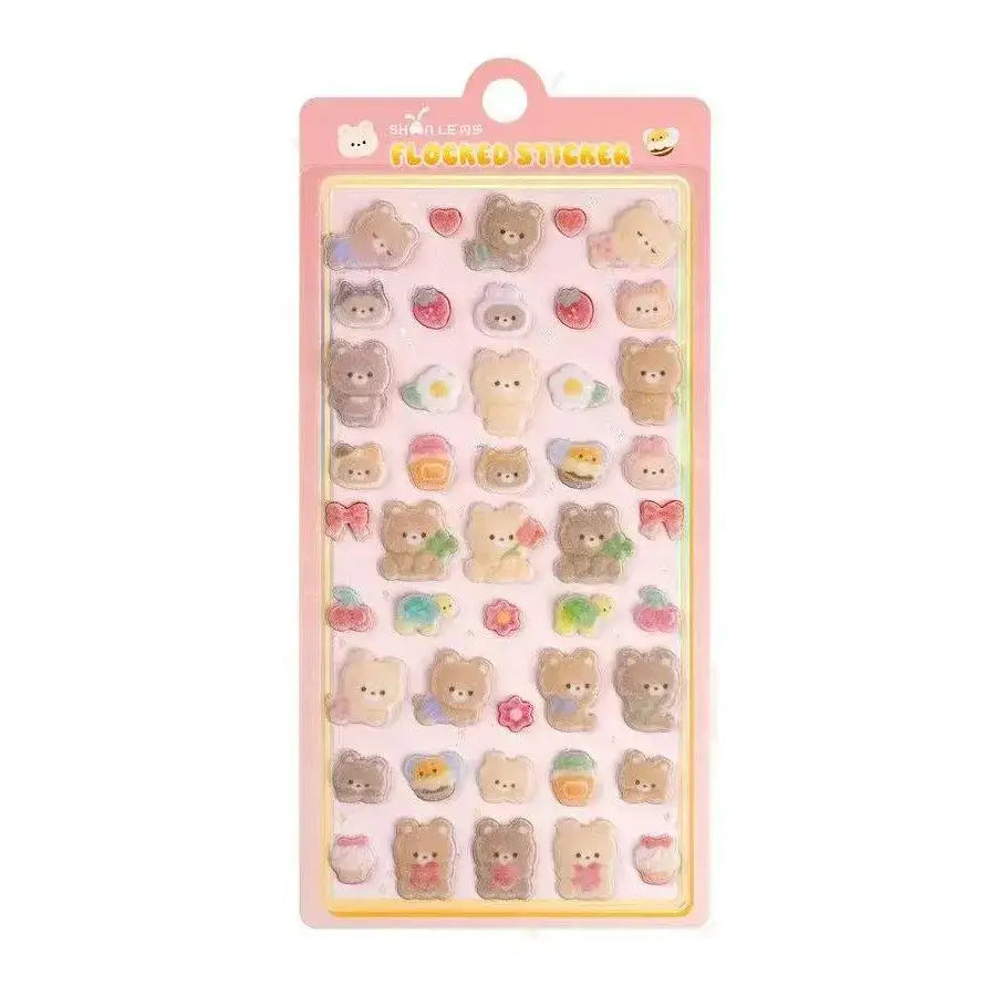 Cute 3D Petoria Puffy animal stickers with bear, bunny, and flower designs in soft pastel tones, suitable for scrapbooking and creative projects.