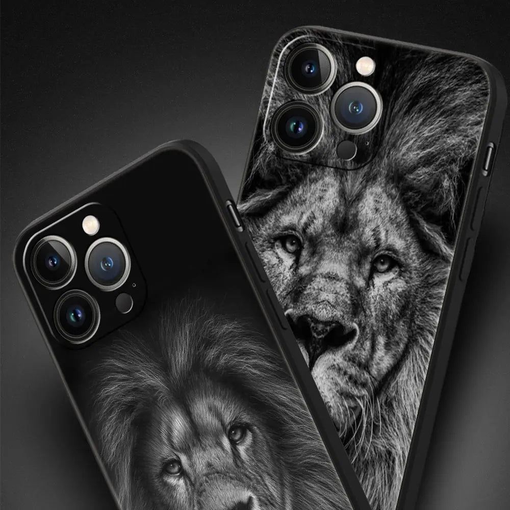 Löwe Wilde Tiere Luxus Handyhülle für iPhone 13 15 14 12 Mini 11 Pro MAX XR X SE XS 7 8 Plus Silikon Schwarz Schutzhülle