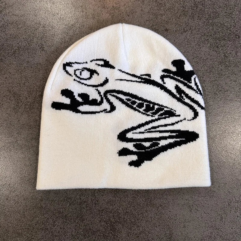 Beanie mit Baumfrosch-Aufdruck für Herren und Damen, dehnbare gestrickte Totenkopfmütze für Outdoor-Sportarten, lässige Streetwear, Unisex-Wintermütze mit Bündchen