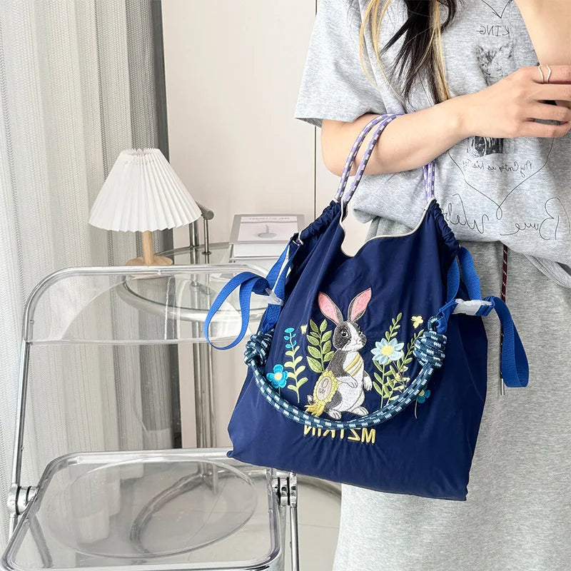 Embroidery Tote Bag for Women Casual Nylon Crossbody Bag Large Capacity Waterproof Shoulder Bag Fashion Commute Shopper Handbag Petoria Store