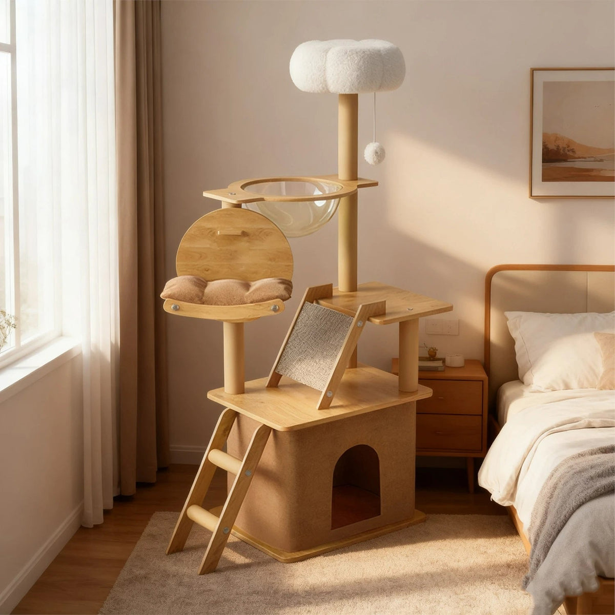 Tall Wooden Cat Tree Tower with Cat Condo &amp; Plush Top Perch for Indoor Cats Petoria Store