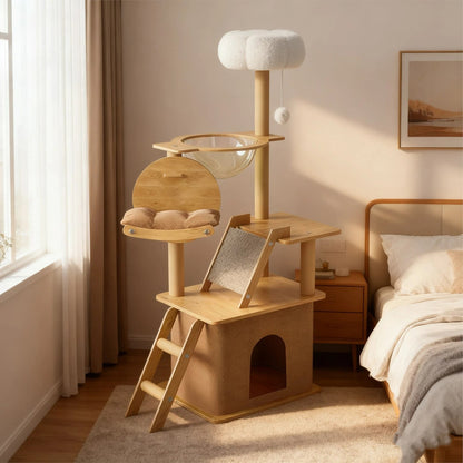 Tall Wooden Cat Tree Tower with Cat Condo &amp; Plush Top Perch for Indoor Cats Petoria Store