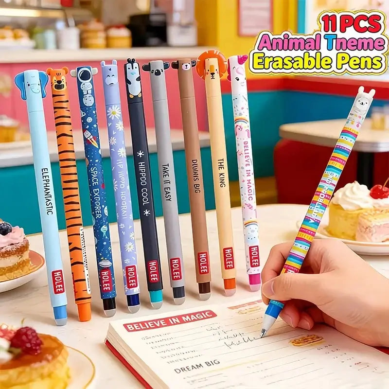 Set of 11 eraser pens with colorful animal-themed caps, featuring cute designs like tiger, bear, giraffe, and dog, ideal for school and office use.