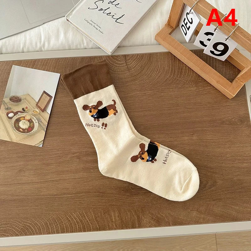 【N】 Lustige Dackel-Tier-Baumwollsocken, Wursthund-Cartoon-Druck, Herbst-Winter, warme, süße Paarsocken
