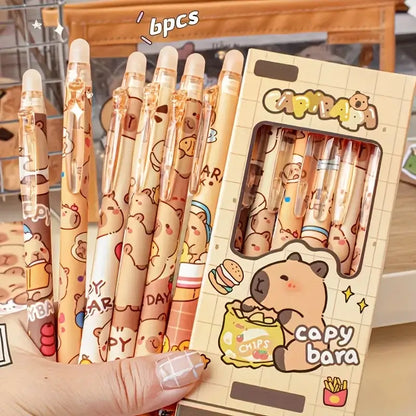 radierbare Capybara Gelstifte 6er Set in einer bunten Verpackung mit niedlichen Capybara-Motiven.
