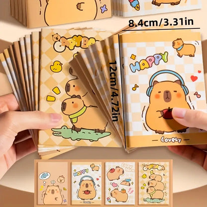 Stack of 10 small memo pads with playful animal illustrations, including capybaras, bears, and fish, in a beige checkered design
