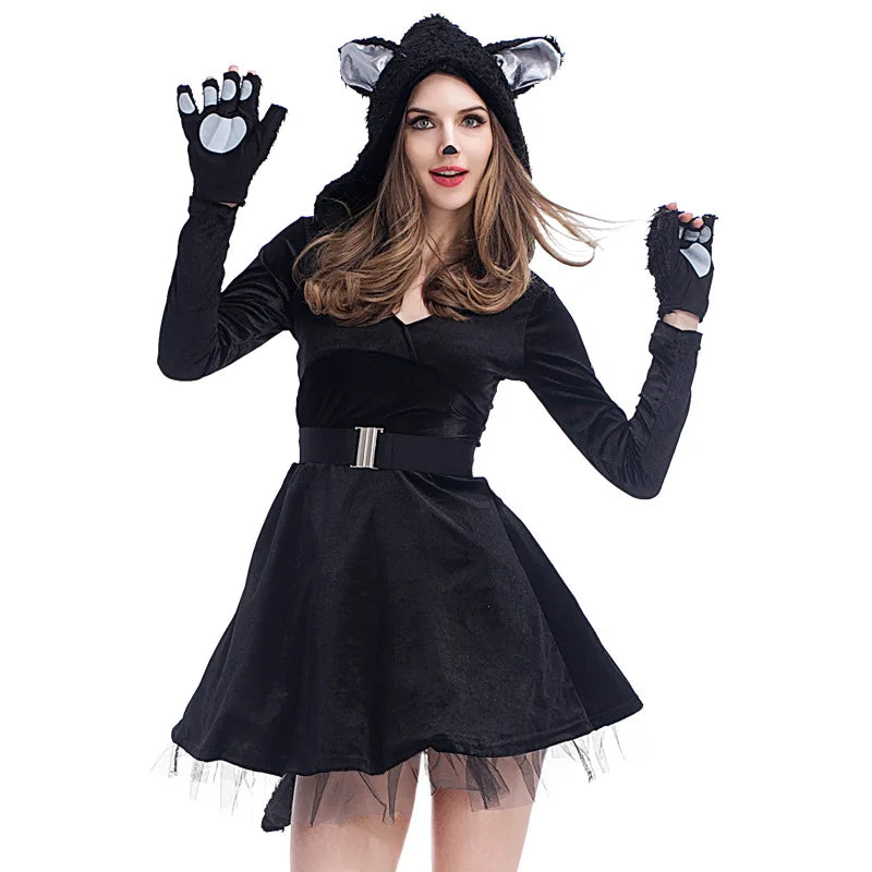 Halloween Sexy Tier Schwarze Katze Kostüm Cosplay Tier Outfit Kleid Mit Kapuze Mit Krallen Schwanz Karneval Zeigen Bühne Party Kleidung