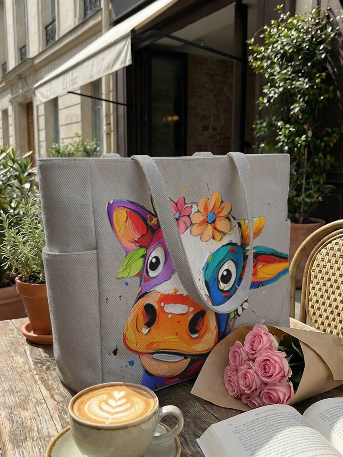 Damenhandtasche mit Tiermuster, große Kapazität, Canvas-Umhängetasche, lässige Einkaufstasche für den Arbeitsweg