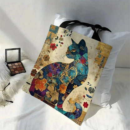 Floral Cat Pattern Tote Bag, Aesthetic Canvas School Shoulder Bag, Lightweight Grocery Shopping Bag Petoria Store