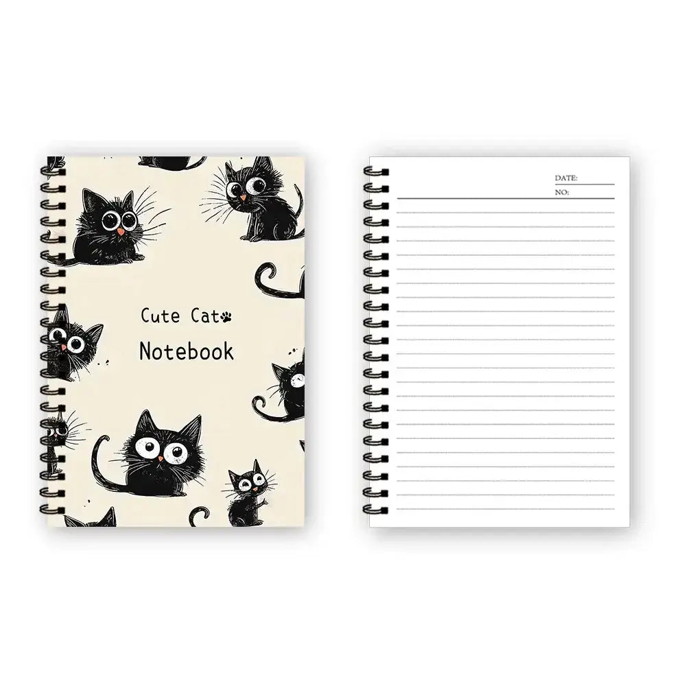 Schwarze Katze Notizbuch im A5 Format mit spiralbindung und Katzenmotiv auf dem Cover.