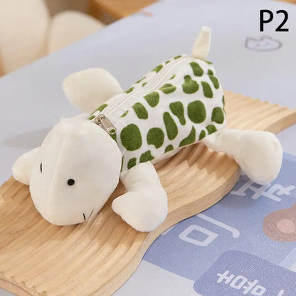 White plush elephant pencil case with green leaf pattern, zipper closure, soft material, perfect for kids&