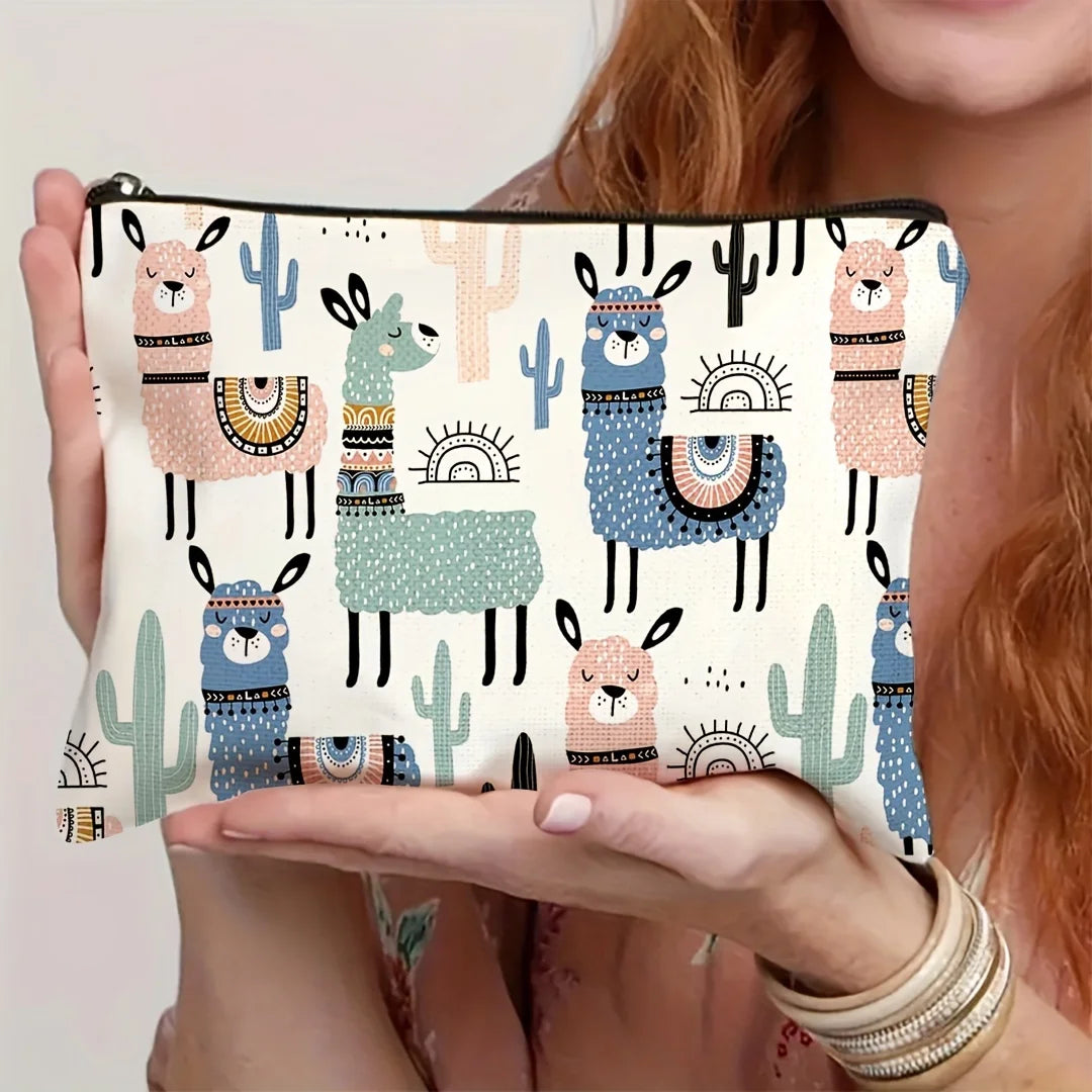 1pc Whimsical Animal Print Makeup Bag - Large Capacity Travel Cosmetic Organizer with Zipper Closure, Cute Llama &amp; Designs Petoria Store