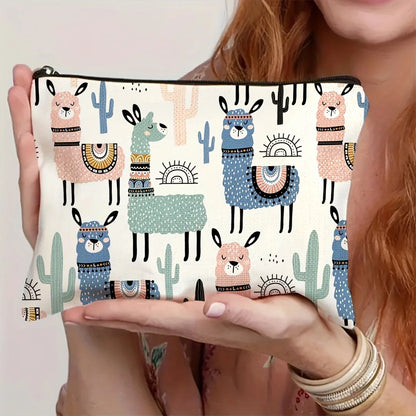 1pc Whimsical Animal Print Makeup Bag - Large Capacity Travel Cosmetic Organizer with Zipper Closure, Cute Llama &amp; Designs Petoria Store