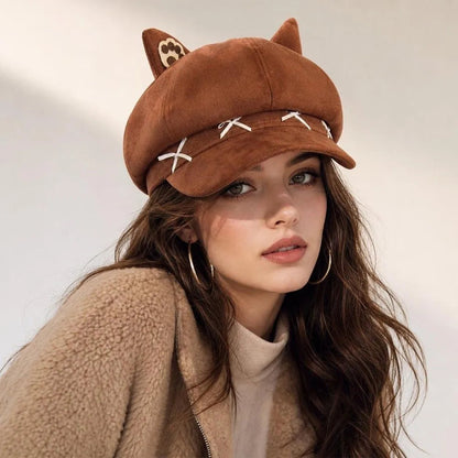 Cute Cat Ear Beret Cap Warm Bow Winter Hat Claw Pattern Painter Beret Hat Women Petoria Store