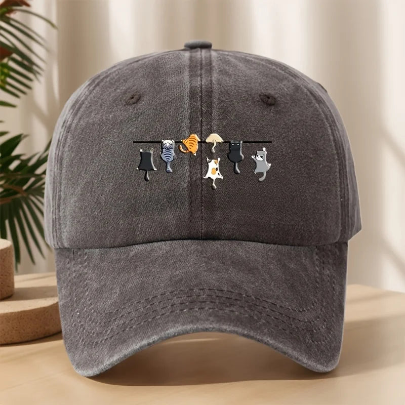 Baseballkappe mit Sieben Katzen-Cartoon-Aufdruck, hochwertige klassische gewaschene Retro-Entenschnabelmütze, Outdoor-Sport und Freizeit