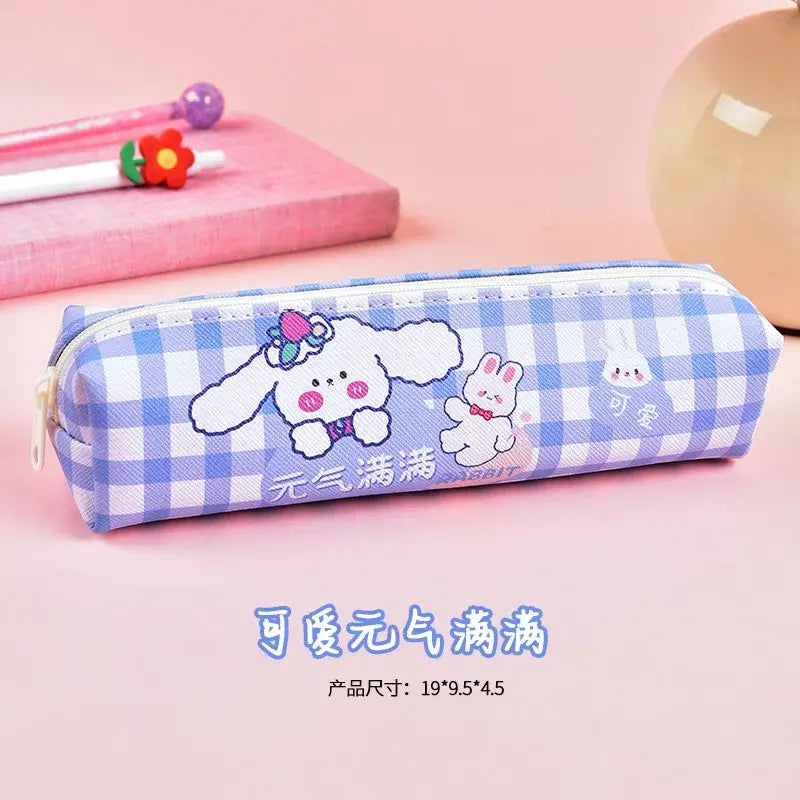 Light purple pencil case featuring cute cartoon dog with pink bow and small animals, suitable for school supplies, charming design.