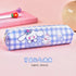 Light purple pencil case featuring cute cartoon dog with pink bow and small animals, suitable for school supplies, charming design.