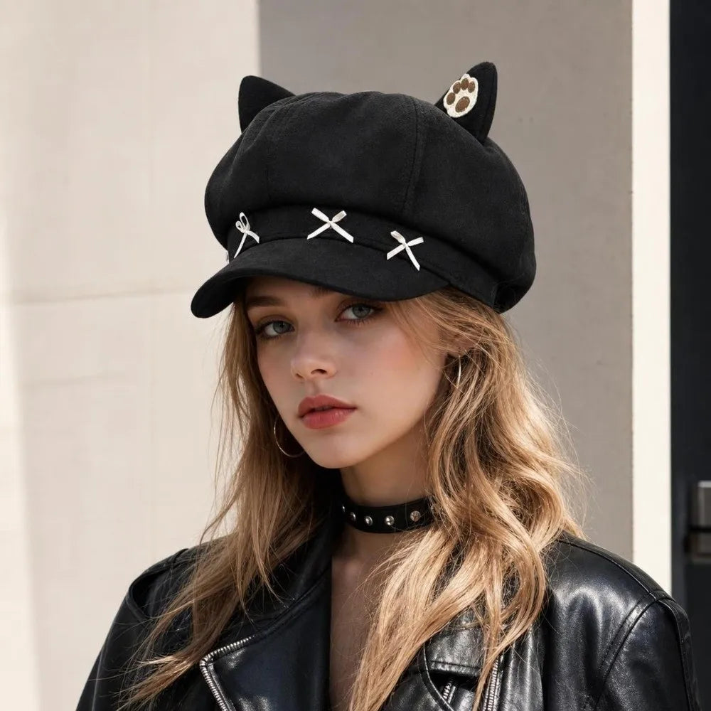 Cute Cat Ear Beret Cap Warm Bow Winter Hat Claw Pattern Painter Beret Hat Women Petoria Store