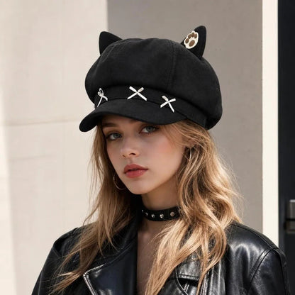 Cute Cat Ear Beret Cap Warm Bow Winter Hat Claw Pattern Painter Beret Hat Women Petoria Store