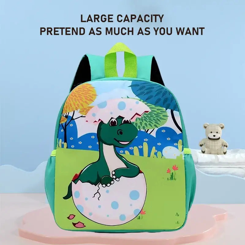 Tiermotiv Kinderrucksack für Kleinkinder mit grünem Dinosaurier-Motiv und großem Stauraum.